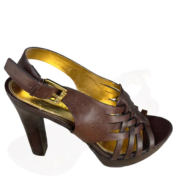 RALPH LAUREN SHAINA Brown
Gold Leather Strappy Heeled Sandals Pumps Size 7B - Picture 3 of 8